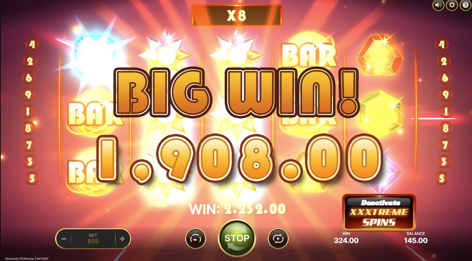 Starburst XXXtreme BIG WIN screen showing 1,908.00 credits returned at ×8 multiplier chain