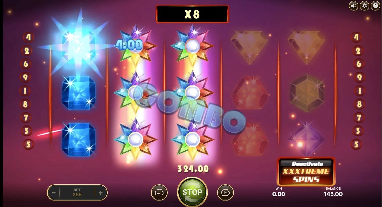 Starburst XXXtreme combo win with stacked Wilds and ×8 multiplier returning 324 credits