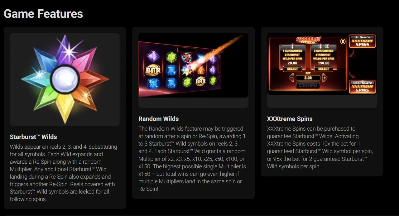 Starburst XXXtreme game features panel: Starburst Wilds, Random Wilds, XXXtreme Spins