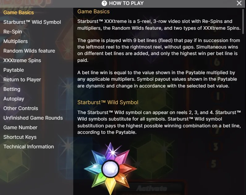 Starburst XXXtreme How to Play info panel covering Wild symbols and multiplier mechanics